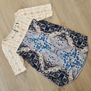 Anthropologie Akemi + Kin Crochet Lace 3/4 Sleeve Blue Paisley Floral Blouse Sm